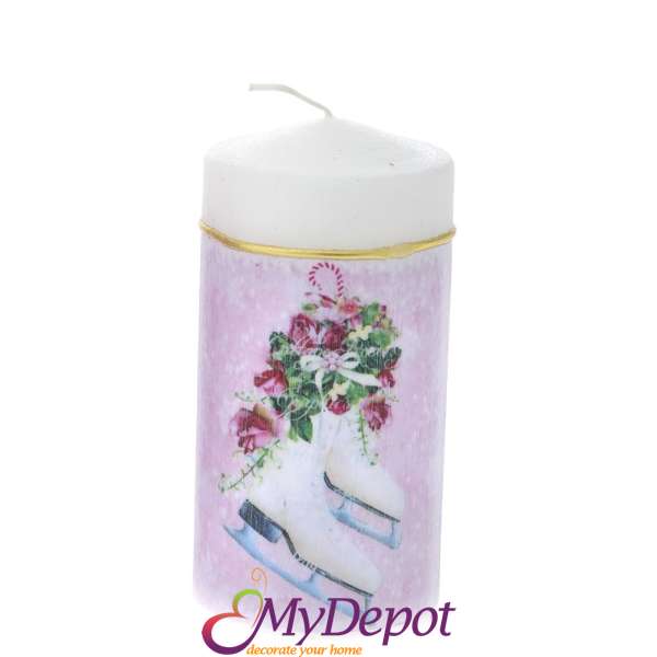 Свещ  DECOR, кънки, бяло и розово,  7х14 см