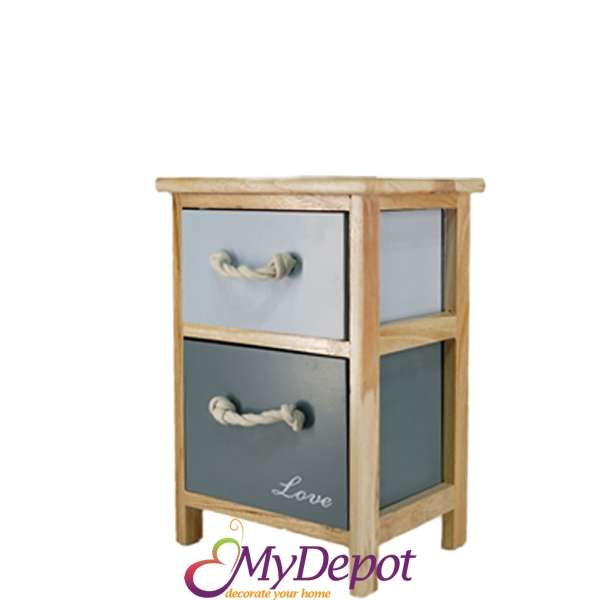 Дървен скрин в медено кафяво с две разноцветни чекмеджета, 30х24х43 см