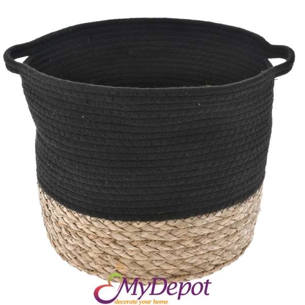 Плетена кашпа от натурална тръстика и черен плат, Ф 32х28 см
