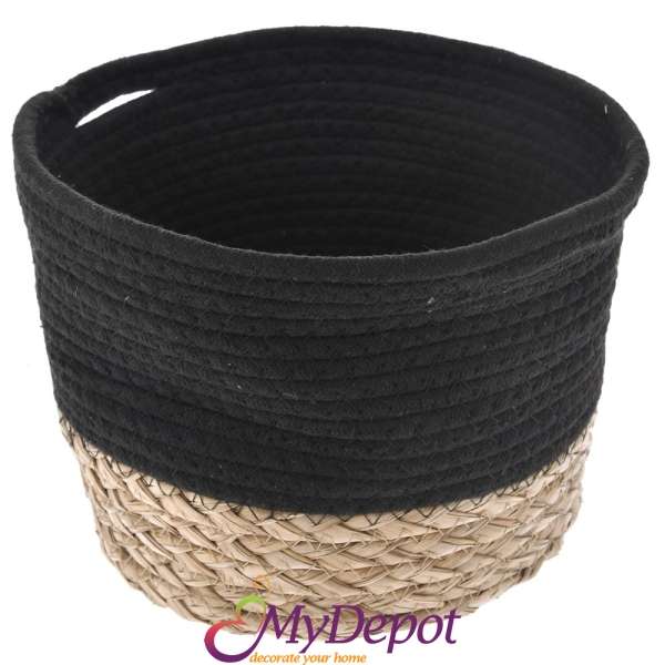 Плетена кашпа от натурална тръстика и черен плат, Ф 25х19 см