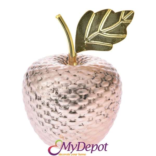 Керамична ябълка в матово розово - златен цвят. Допълнена със златно метално листо, Ф 10х12 см