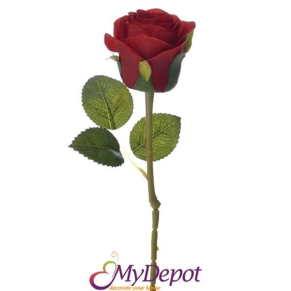 Стрък червена роза по технология "копринен цвят", 50 см
