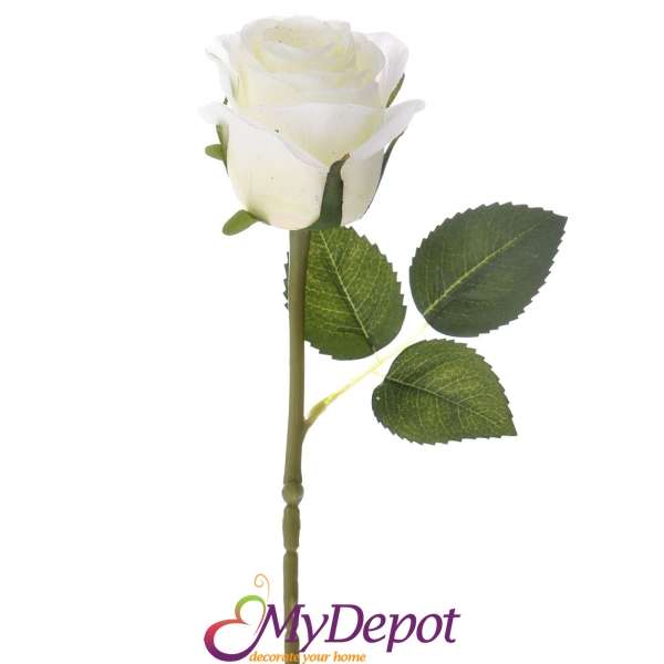 Стрък бяла роза по технология "копринен цвят", 50 см