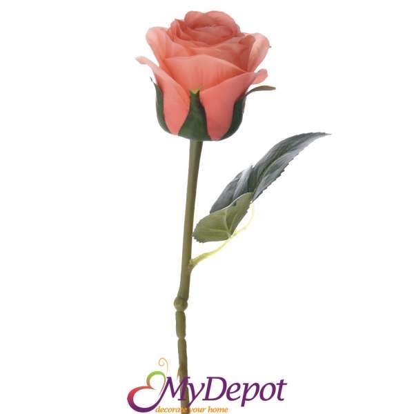 Стрък роза в цвят сьомга. Изработена по технология "копринен цвят", 50 см