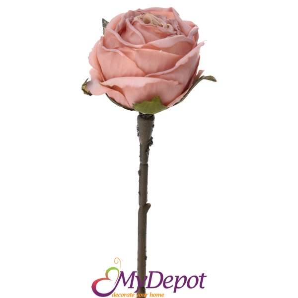 Стрък розова роза . Изработена по технология "копринен цвят", 28 см