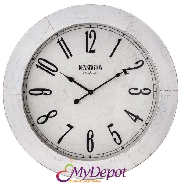 Стенен бял часовник от MDF със стъкло, Ф 60