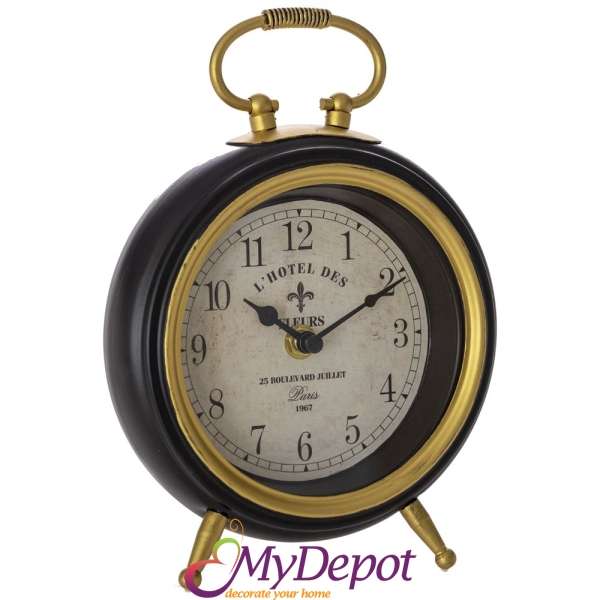 Настолен метален часовник с рамка в черно и златно, 16х5х22 см