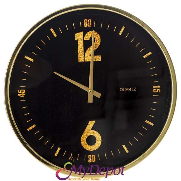 Стенен метален часовник в черно и златно, Ф 40 см