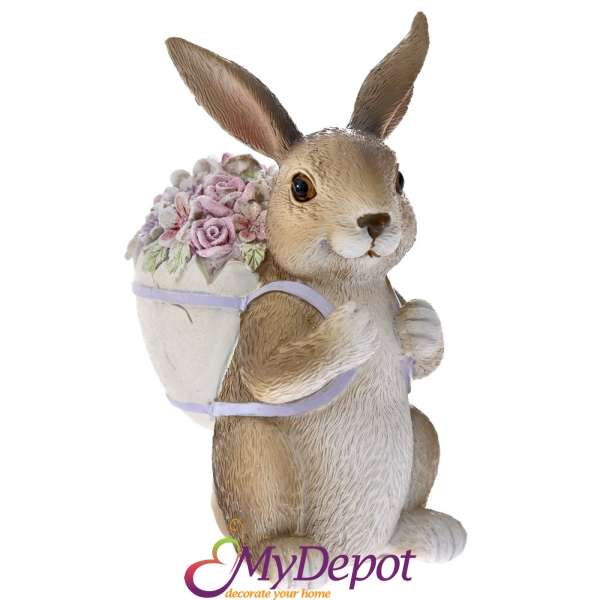 Деко зайче с кошница цветя. Фигурка от полирезин с рамери: 8х6х13 см