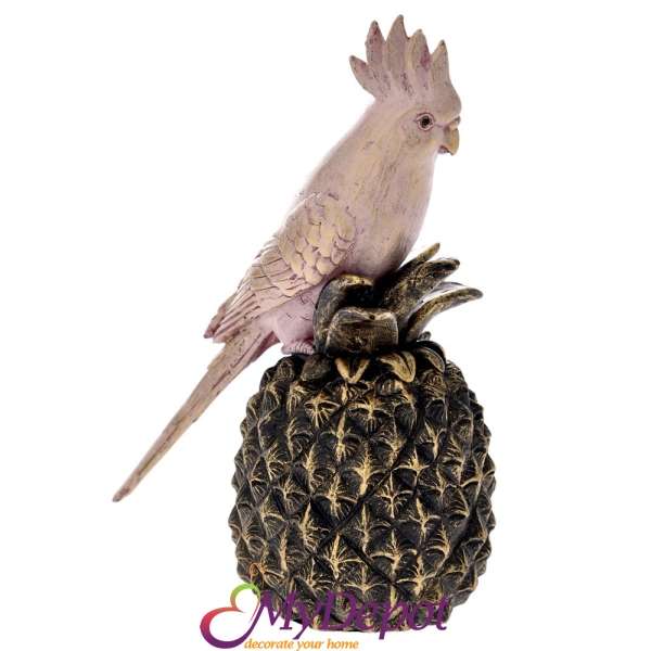 Статуетка  - розов папагал кацнал върху златен ананас, 11х7х14 см