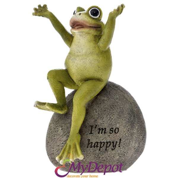 Зелена жаба върху камък с надпис - I'M SO HAPPY, 11х9х15 см