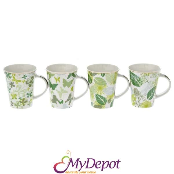 Керамична чаша с пролетен зелен дизайн - пеперуди и листа. Размер: 9х11 см