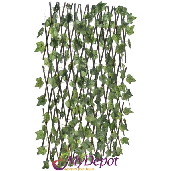 Плетена разтягаща се ограда със зелени бръшлянови листа. Размер: 70х200 см