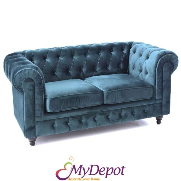 Двуместен диван от меко кадифе в цвят петролено синьо, 164х90х78 см