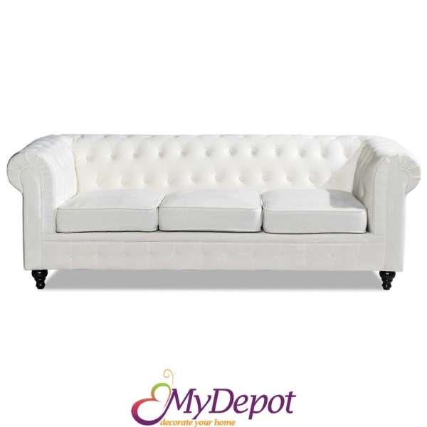 Триместен диван от меко кадифе в цвят крем, 215х90х78 см