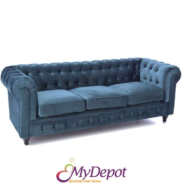 Триместен диван от меко кадифе в цвят петролено синьо, 215х90х78 см
