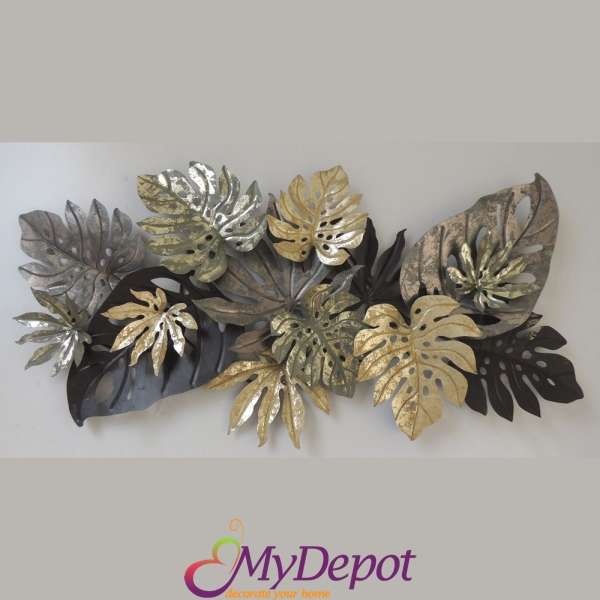 Стенна декорация от златни, черни и кафяви метални тропически листа. Размер: 125х70 см