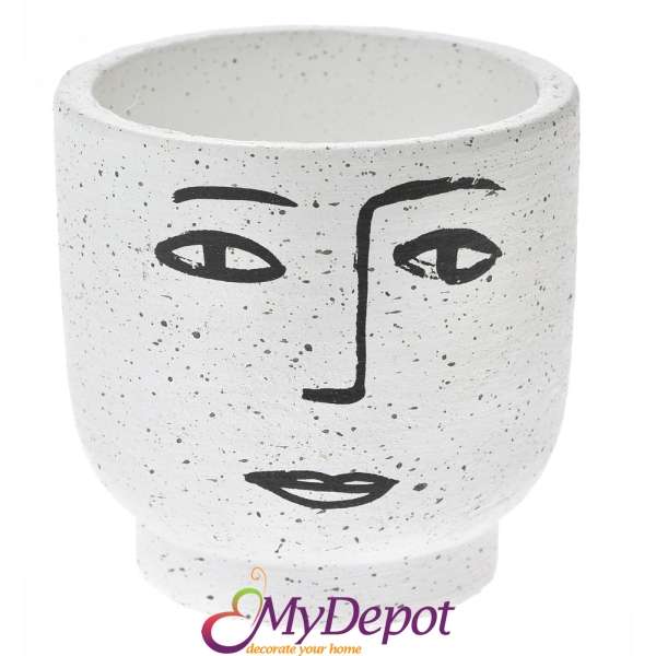 Керамична бяла кашпа с рисунка - лице, Ф 13х13 см