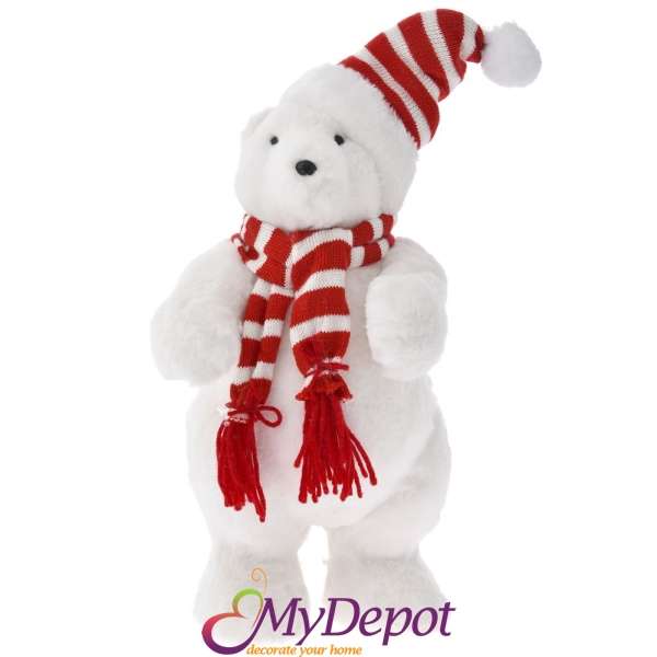 Пухкаво снежно бяло мече с платен червено-бял шал и шапка. Размер: 24х14х44 см