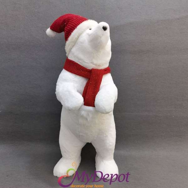 Пухкава снежно бяла полярна мечка с платен червен шал и шапка. Размер: 43х36х82 см