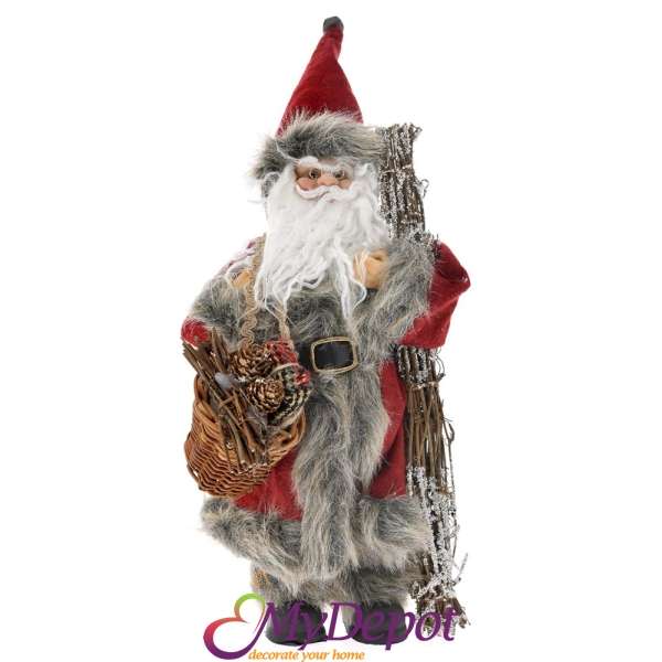  Дядо Коледа с червени одежди, сив пух и кошница със съчки, 30 см