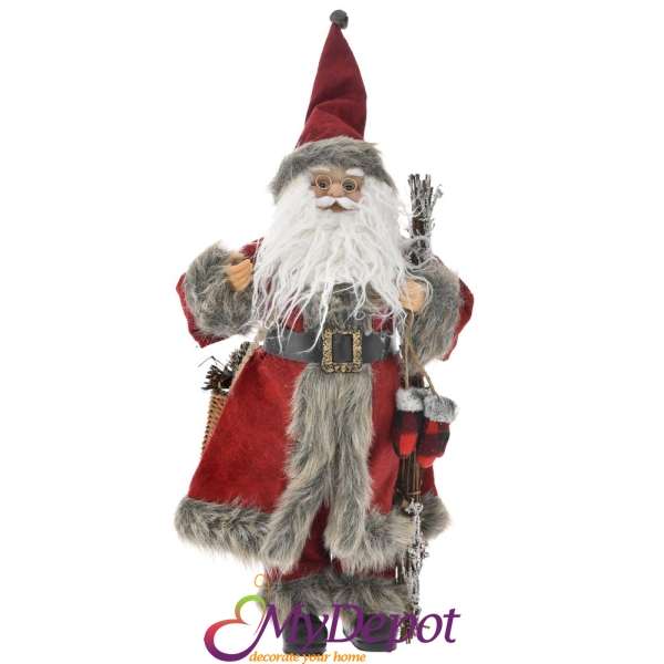 Дядо Коледа с червени одежди, сив пух и кошница със съчки, 45 см