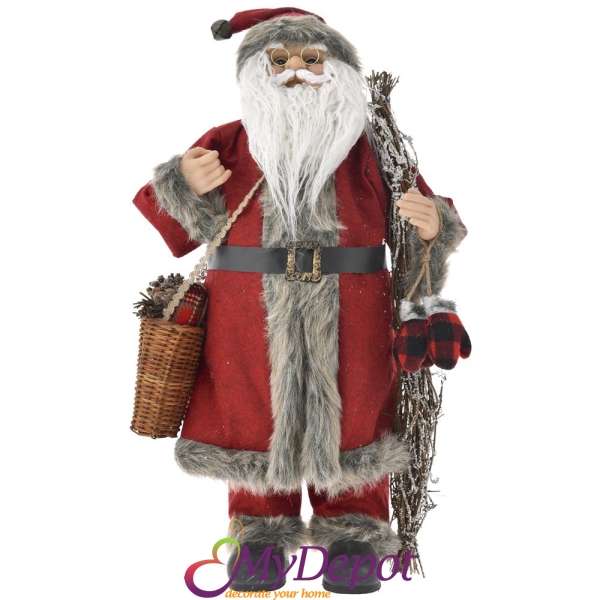  Дядо Коледа с червени одежди, сив пух и кошница със съчки, 60 см