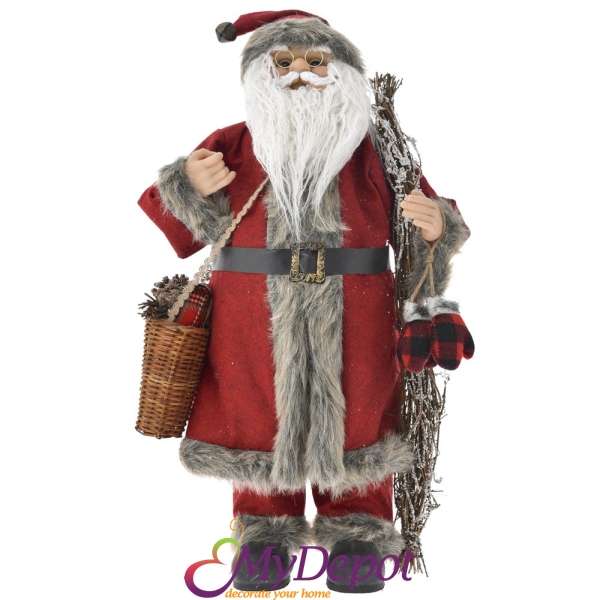  Дядо Коледа с червени одежди, сив пух и кошница със съчки, 80 см