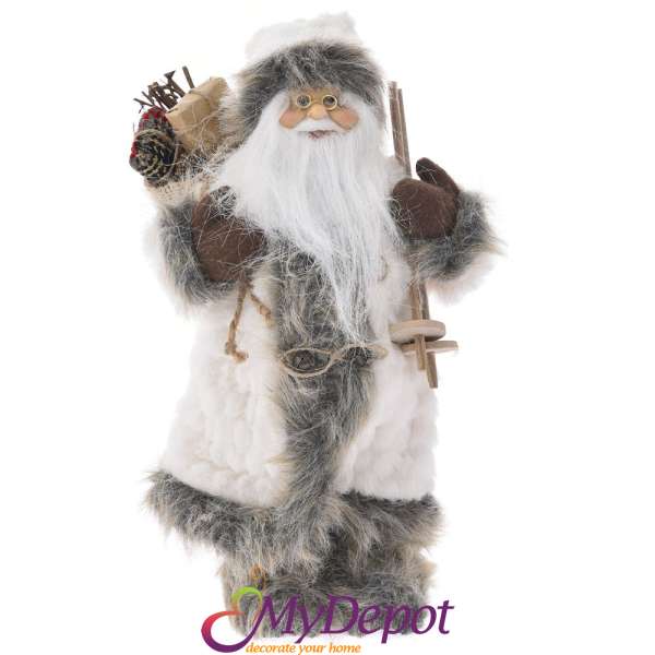 Дядо Коледа с кремави одежди, сив пух и ски щеки, 30 см
