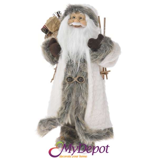 Дядо Коледа с кремави одежди, сив пух и ски щеки, 45 см