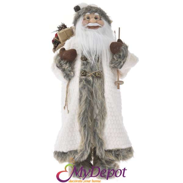 Дядо Коледа с кремави одежди, сив косъм и ски щеки, 60 см