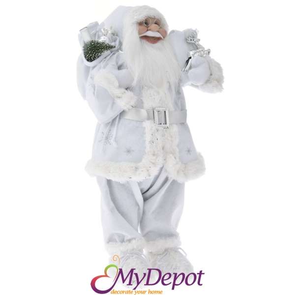 Дядо Коледа с бели одежди и чувал с подаръци, 45 см