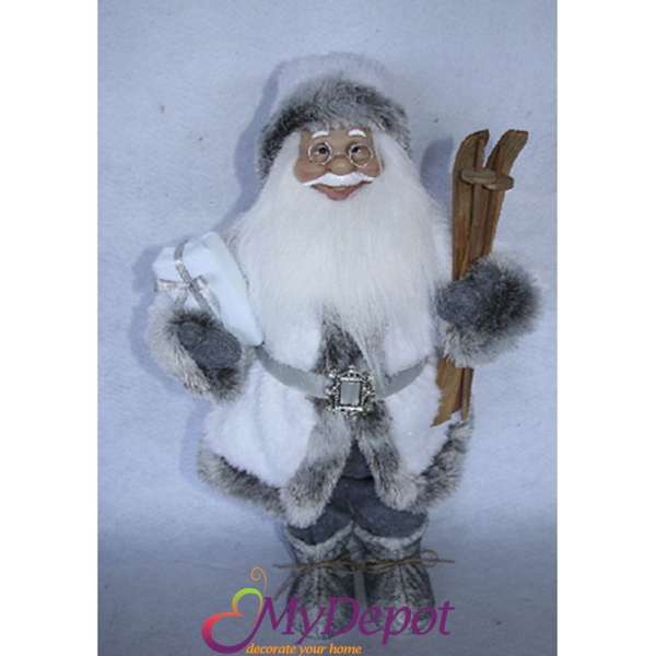 Дядо Коледа със сиви одежди и дървени ски, 45 см
