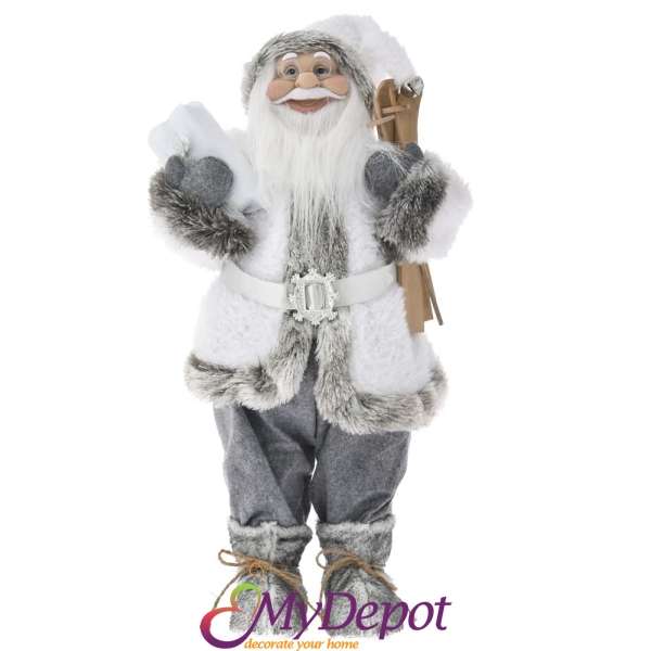 Дядо Коледа със сиви одежди и дървени ски, 60 см