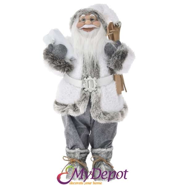 Дядо Коледа със сиви одежди и дървени ски, 80 см