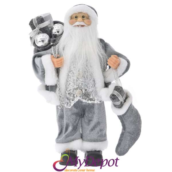 Дядо Коледа със сиви кадифени одежди и чувал с подаръци, 30 см