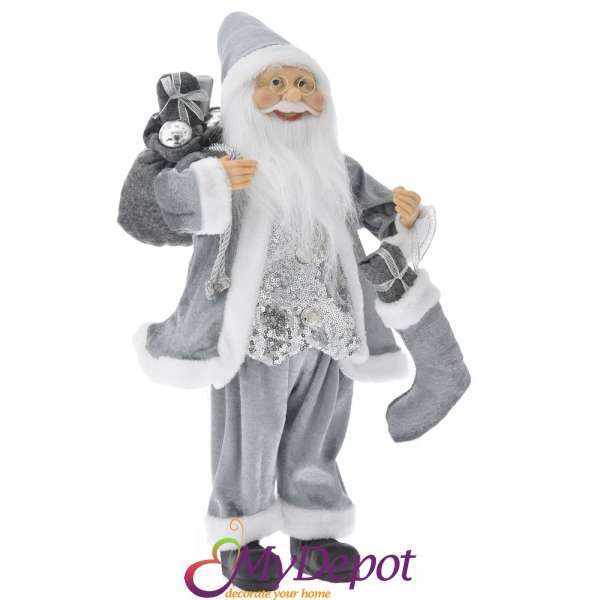 Дядо Коледа със сиви кадифени одежди и чувал с подаръци, 45 см