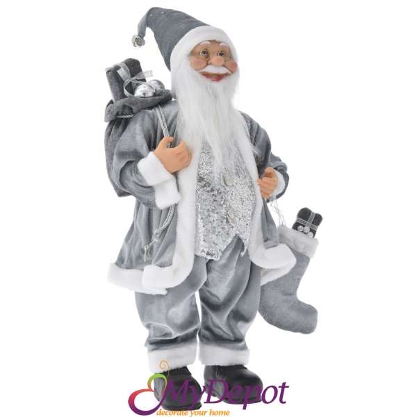 Дядо Коледа със сиви кадифени одежди и чувал с подаръци, 60 см