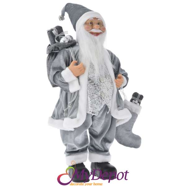 Дядо Коледа със сиви кадифени одежди и чувал с подаръци, 80 см