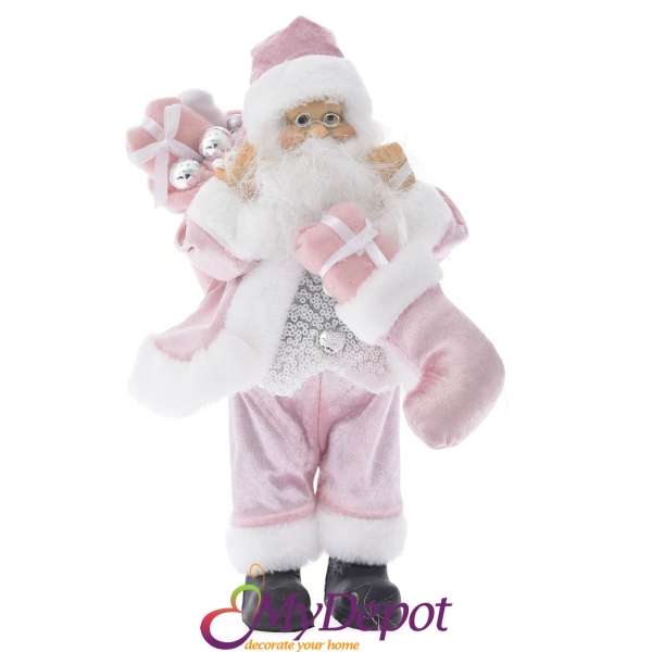 Дядо Коледа с розови кадифени одежди и чувал с подаръци, 30 см