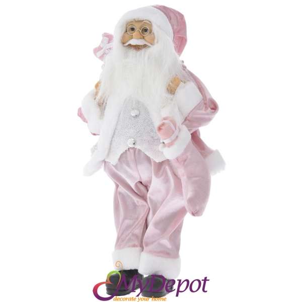 Дядо Коледа с розови кадифени одежди и чувал с подаръци, 45 см