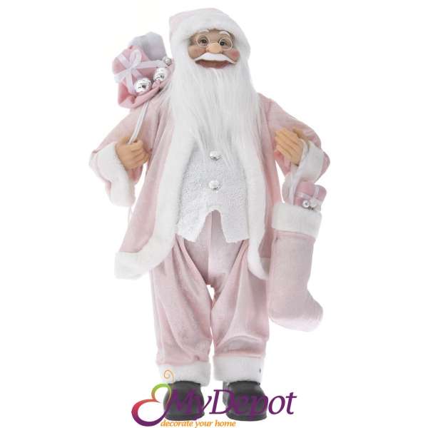 Дядо Коледа с розови кадифени одежди и чувал с подаръци, 60 см