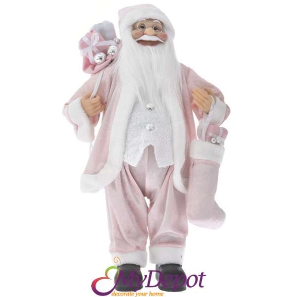 Дядо Коледа с розови кадифени одежди и чувал с подаръци, 80 см