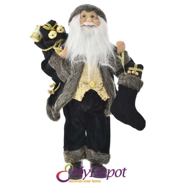 Дядо Коледа с черно кадифени одежди, златен елек и чувал с подаръци, 45 см