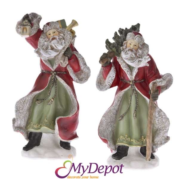 Комплект 2 бр, поли фигурки Дядо Коледа в червено-зелени одежди, 13х10х25 см