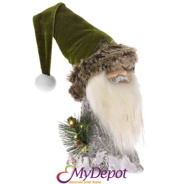 Светеща поли фигурка Дядо Коледа със зелена велурена шапка. Размер: 17,5х14х30 см