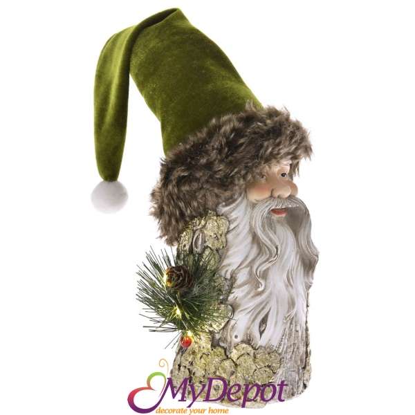 Светеща поли фигурка Дядо Коледа със зелена велурена шапка. Размер: 12,5х12х25 см