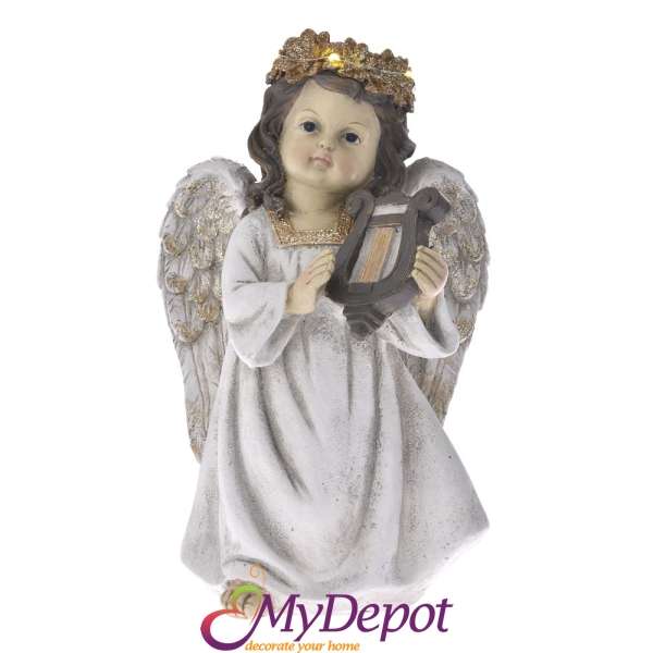 Светещ сив поли ангел с арфа. Размер: 14,5х14х32,5 см