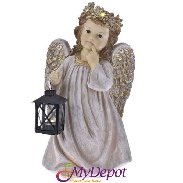 Светещ сив поли ангел с фенер. Размер: 23,5х23х42 см