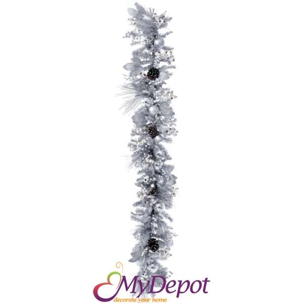 Коледен гирлянд със сребърна декорация, 180 см